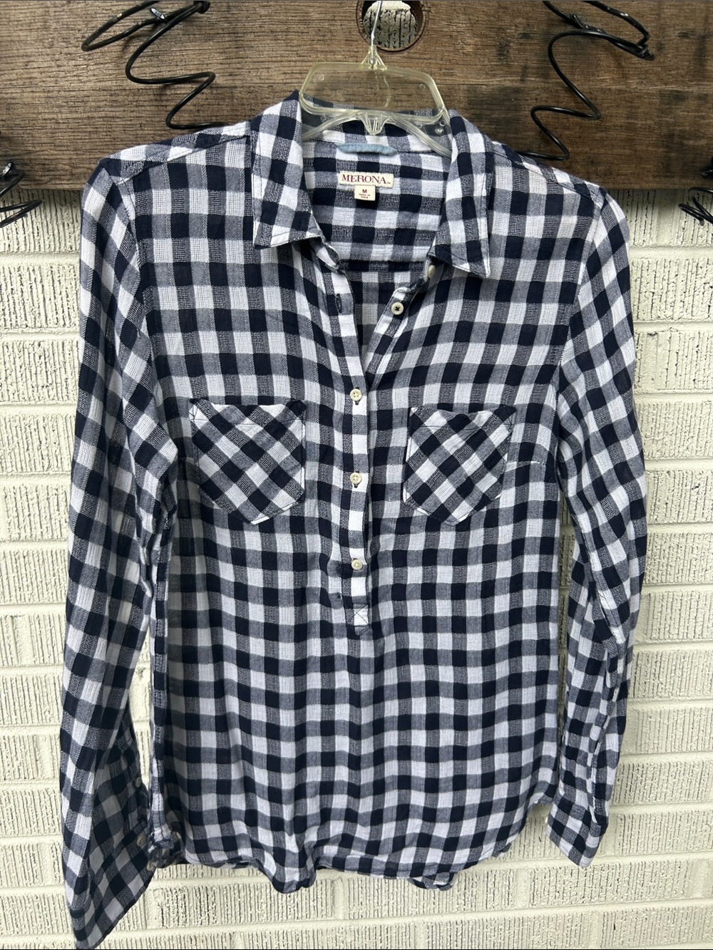 Merona Navy and White Gingham Button-Front Shirt
